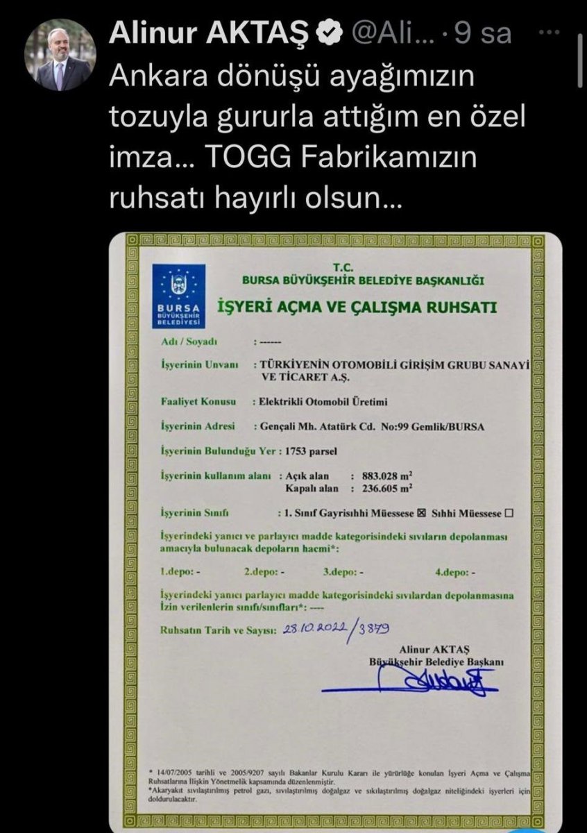 Alinur Aktaş TOGG 2 No'lu Fabrika Ruhsatı