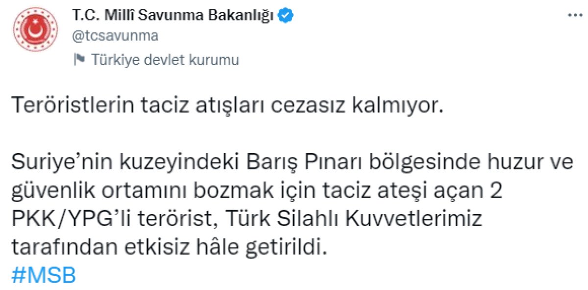 Barış Pınarı #1'de 2 terörist öldürüldü